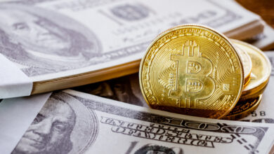 US-Dollar und Bitcoin werden zusammengelegt, um das Anlagekonzept zu zeigen