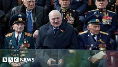 Belarus' leader Alexander Lukashenko (centre) during Victory Day parade in Moscow, Russia. Photo: 9 May 2023