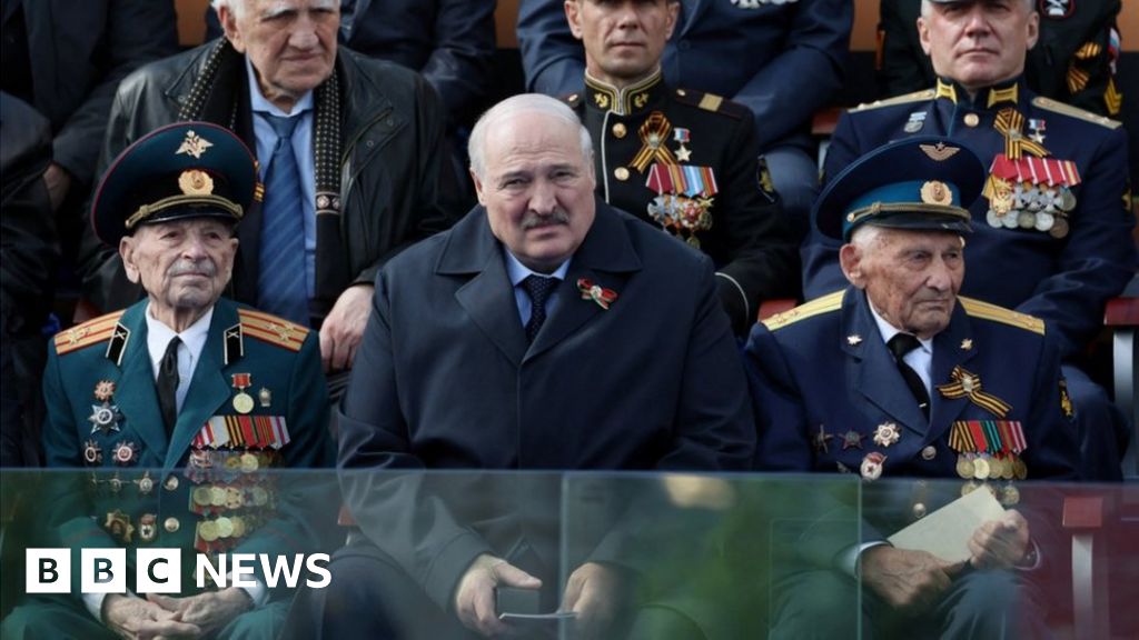 Belarus' leader Alexander Lukashenko (centre) during Victory Day parade in Moscow, Russia. Photo: 9 May 2023