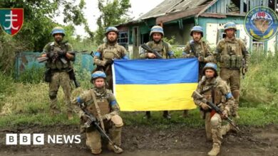 Photo purportedly showing Ukrainian soldiers with a national flag in the village of Storozheve, eastern Ukraine. Photo: 12 June 2023