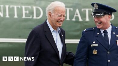 US President Joe Biden walks as he is escorted to Air Force One, before departing for Britain from Dover, Delaware, U.S., July 9, 2023.