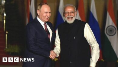 Prime Minister Narendra Modi with Russian President Vladimir Putin prior to their delegation meeting at Hyderabad House, on December 6, 2021 in New Delhi