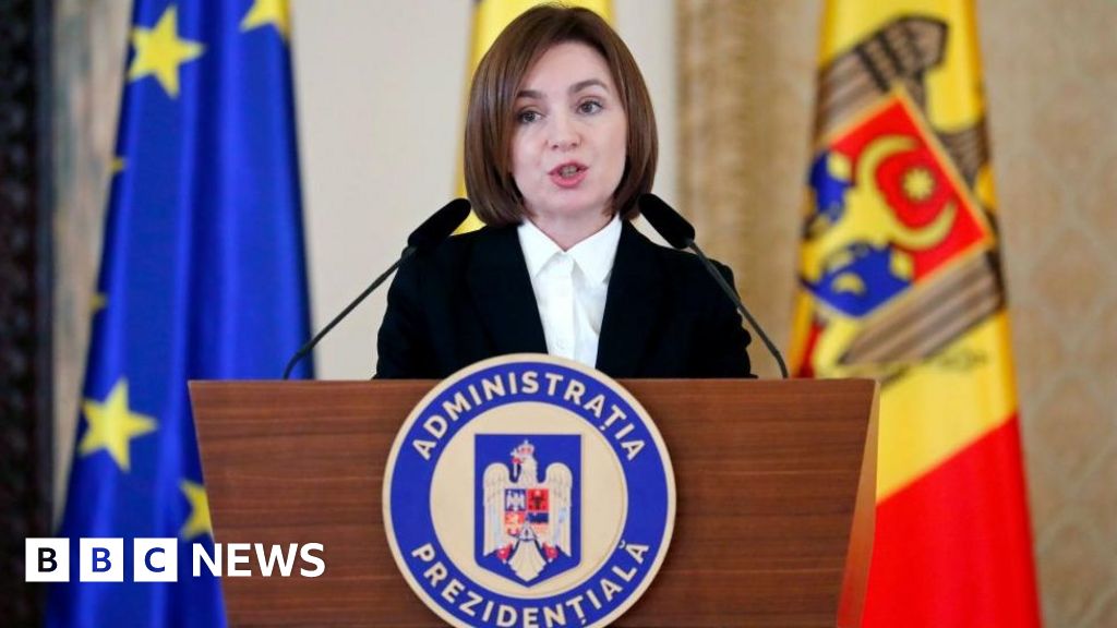 Moldovan President Maia Sandu delivers her speech during a common statement that concluded her official meeting with Romanian president at Cotroceni Presidential Palace, in Bucharest, Romania, 23 February 2023
