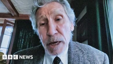 British musician Roger Waters, seen on an interpreter's monitor, delivers a speech via video to a United Nations Security Council meeting called by Russia about weapons given to Ukraine at United Nations headquarters in New York, New York, USA, 08 February 2023