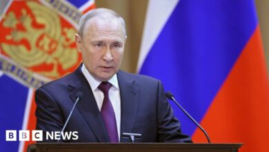 Russian President Vladimir Putin delivers his speech during a meeting of the Federal Security Service (FSB) Board which sums up the 2022 performance of the FSB bodies and outlines the priority tasks for 2023