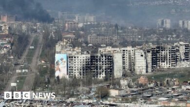 Smoke is seen in this drone footage of Bakhmut amid Russia's attack on Ukraine, in this screen grab obtained from a handout video released on April 15, 2023.