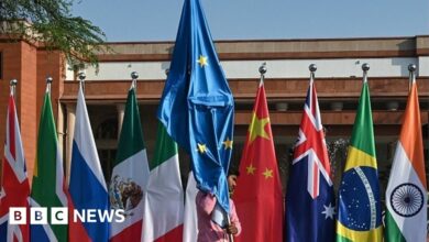 A worker carrying the flag of the European Union walks past the national flags of participating nations during the G20 foreign ministers' meeting in New Delhi on March 2, 2023.