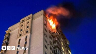 A building on fire in Kyiv, Ukraine. Photo: 30 May 2023