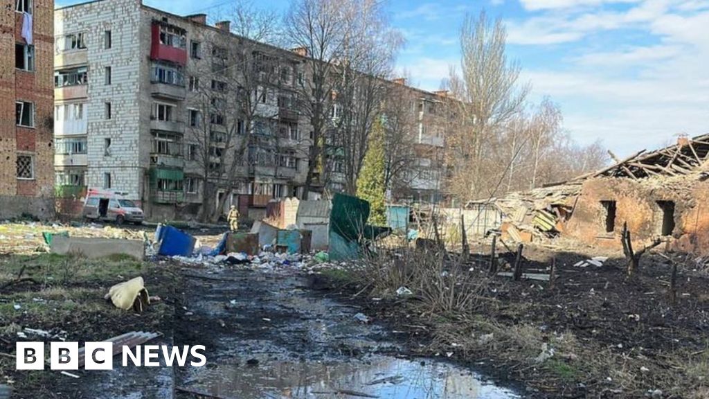 Ruined apartment blocks in Kostyantynivka