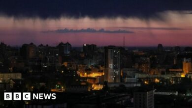 A view shows the Ukrainian capital at dawn during an air raid alert