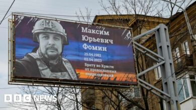 A billboard in the occupied Ukrainian city of Donetsk, paying tribute to war correspondent Vladlen Tatarsky