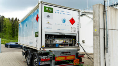 Ein Container zur Speicherung von aus Windstrom gewonnenen Wasserstoff.