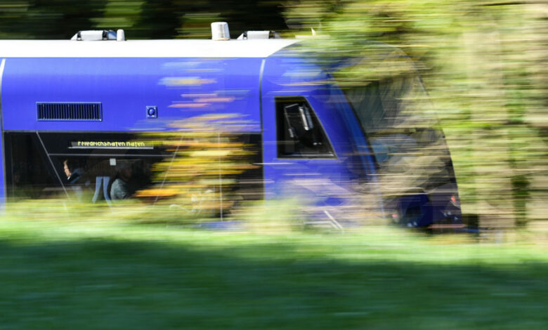 Ein Zug der Südbahn fährt bei Meckenbeuren durch eine herbstliche Landschaft.