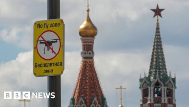A 'No Drone Zone' sign is seen in front of the Moscow Kremlin on the Red square in Moscow, Russia, 4 May 2023
